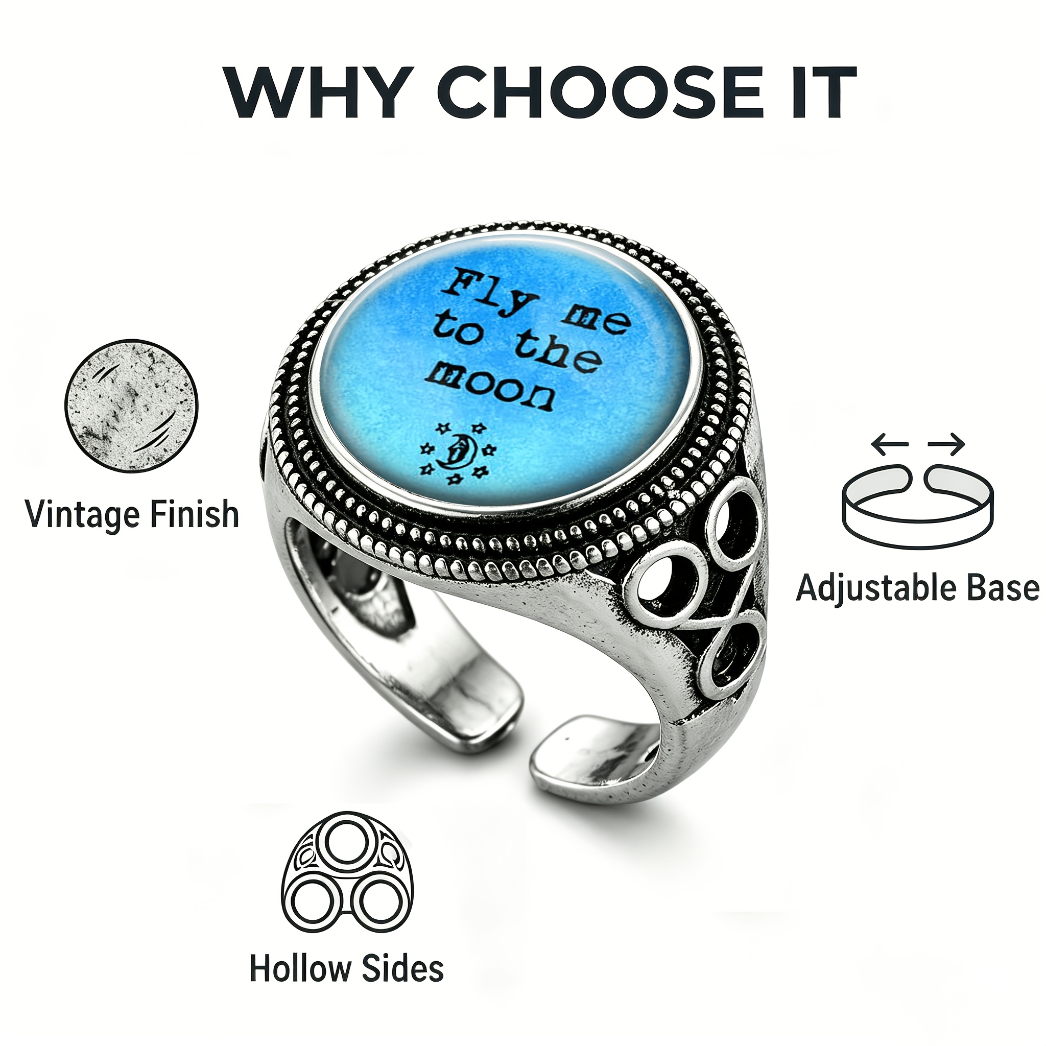 Classic Black Adjustable Ring with Moon & Star Pattern